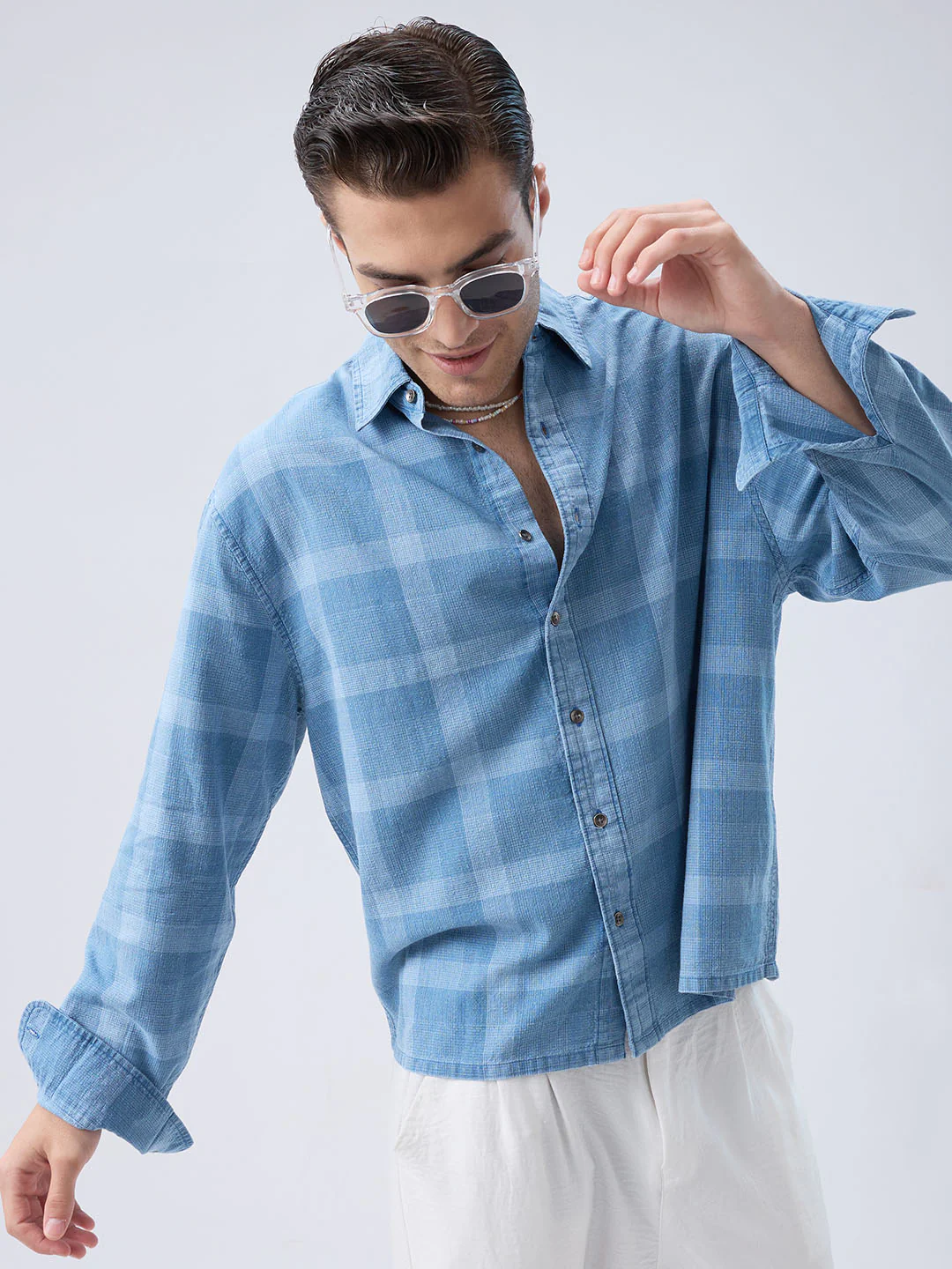 Arctic Mist Denim Shadow Checks Boxy Fit Crop Shirt - Image 2