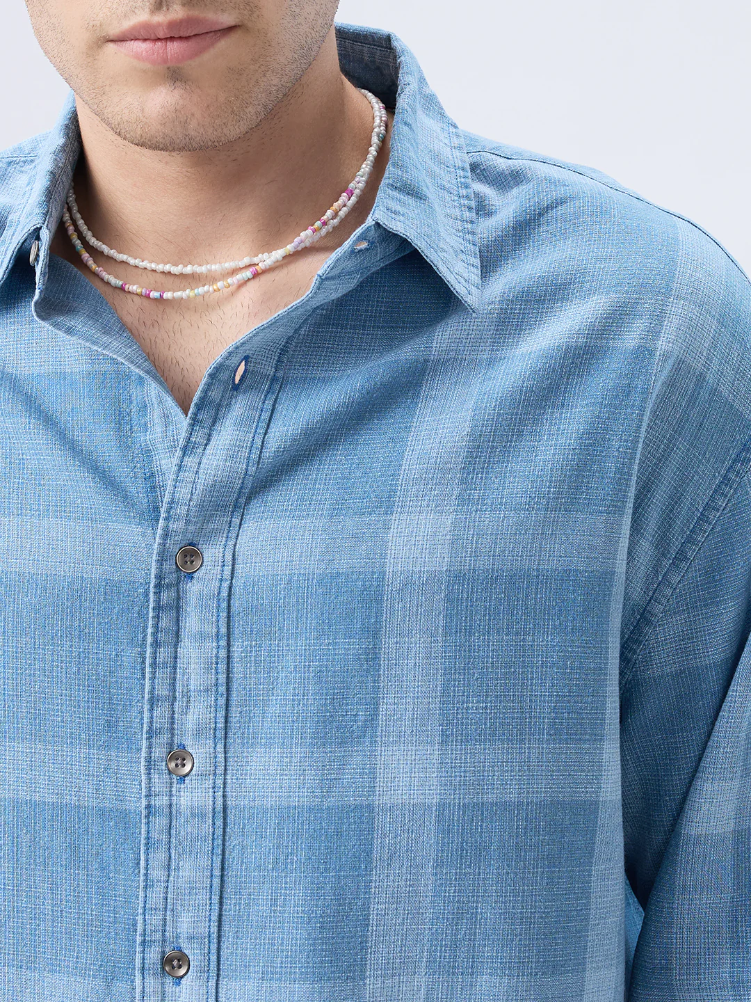 Arctic Mist Denim Shadow Checks Boxy Fit Crop Shirt - Image 3