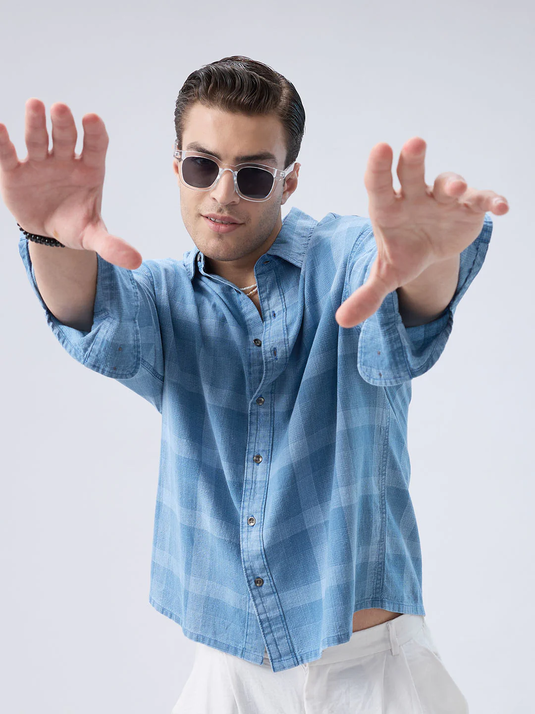 Arctic Mist Denim Shadow Checks Boxy Fit Crop Shirt - Image 4