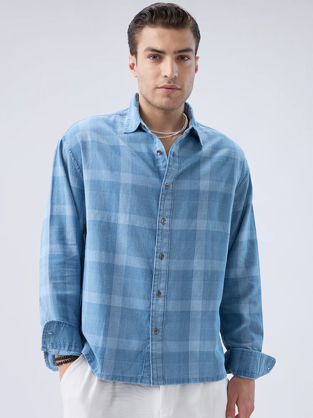 Arctic Mist Denim Shadow Checks Boxy Fit Crop Shirt - Image 5