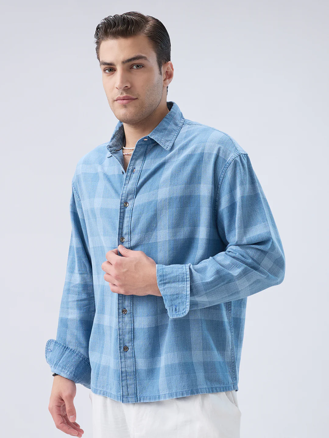 Arctic Mist Denim Shadow Checks Boxy Fit Crop Shirt - Image 6