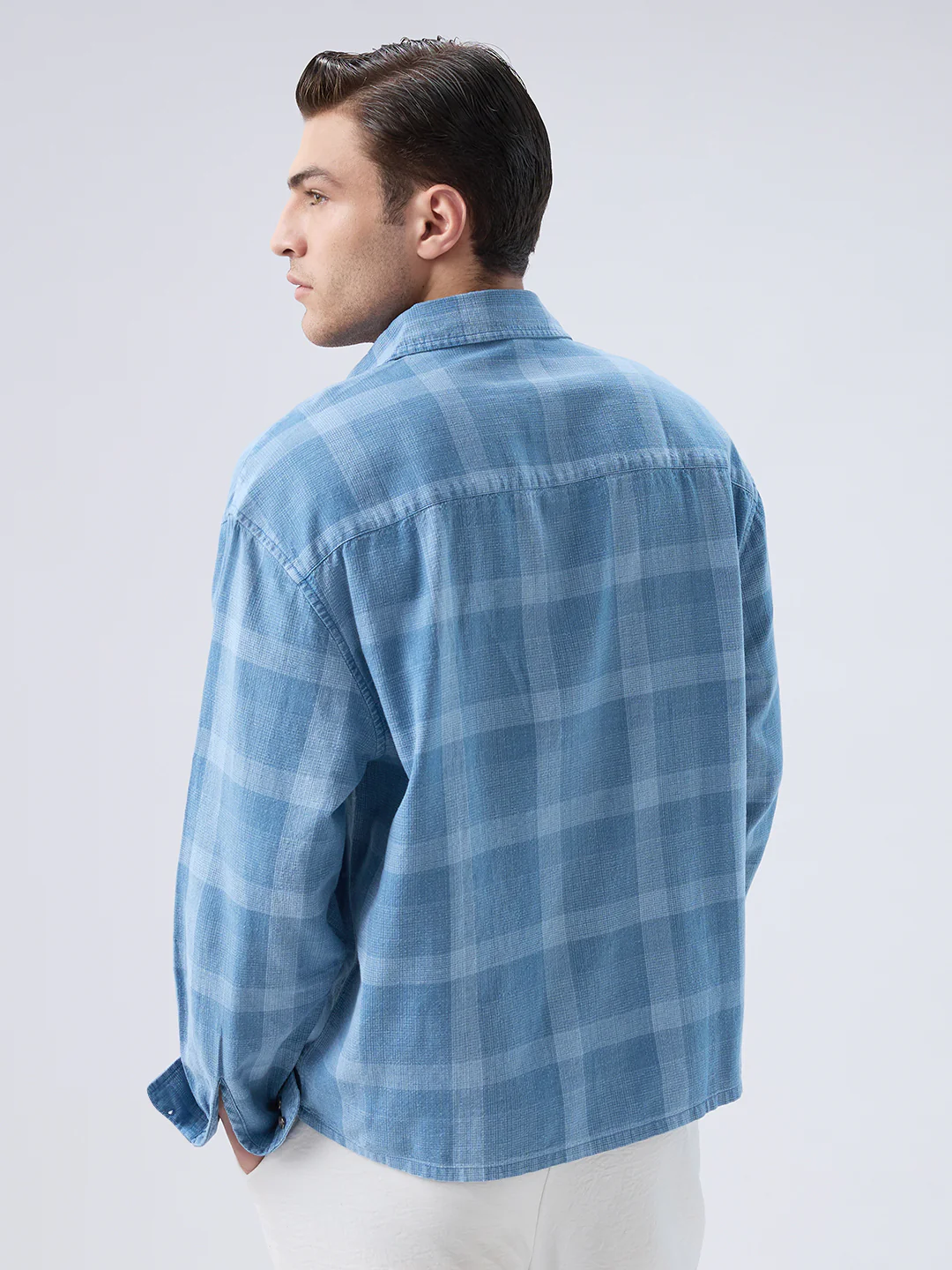 Arctic Mist Denim Shadow Checks Boxy Fit Crop Shirt - Image 7