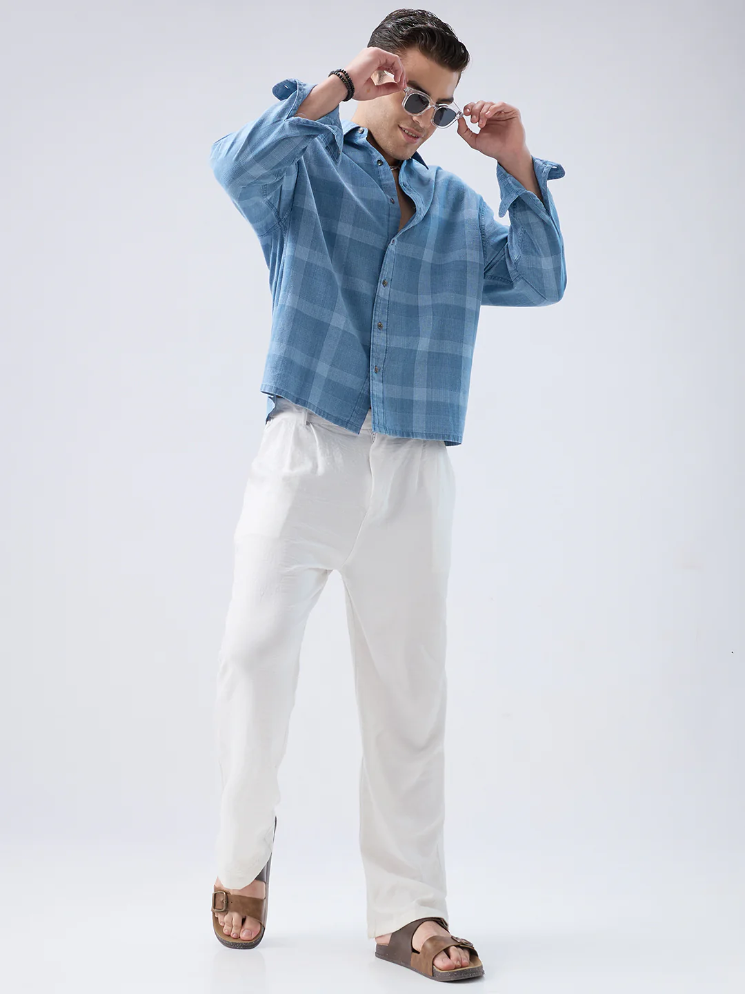 Arctic Mist Denim Shadow Checks Boxy Fit Crop Shirt - Image 8