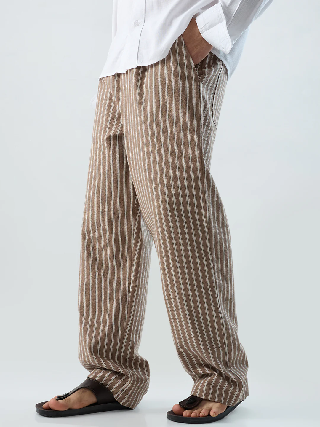 Beachline Brown Vertical Striped Straight-Fit Trousers - Image 2