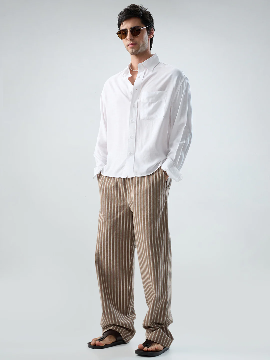 Beachline Brown Vertical Striped Straight-Fit Trousers - Image 8