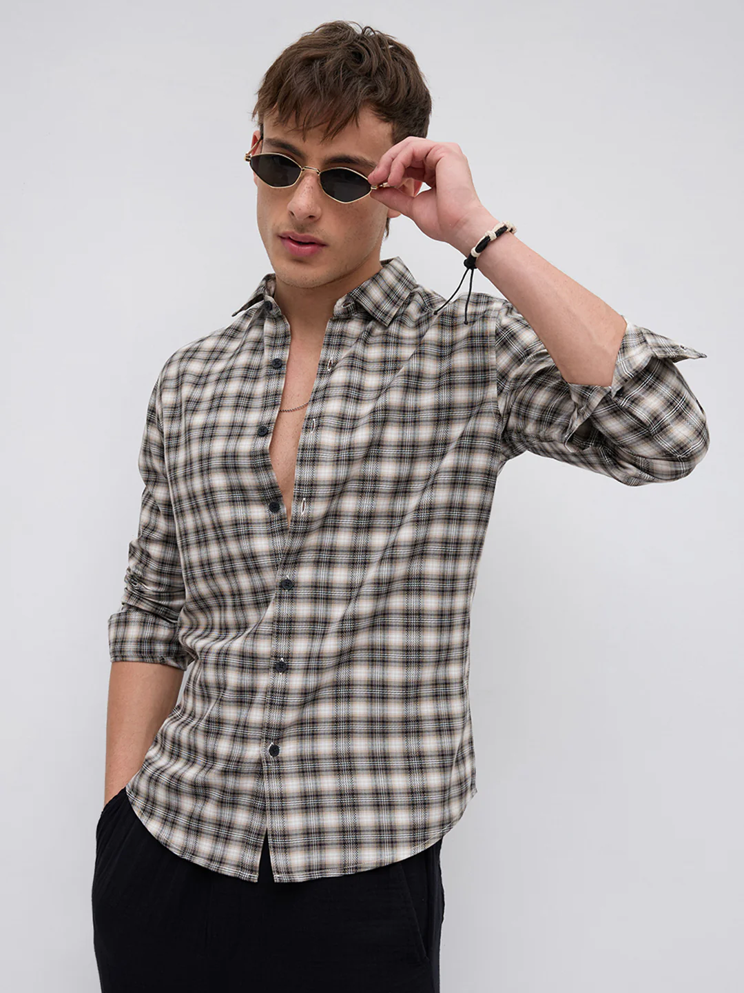 Beige & Black Interlock Plaid Checks Textured Shirt - Image 2