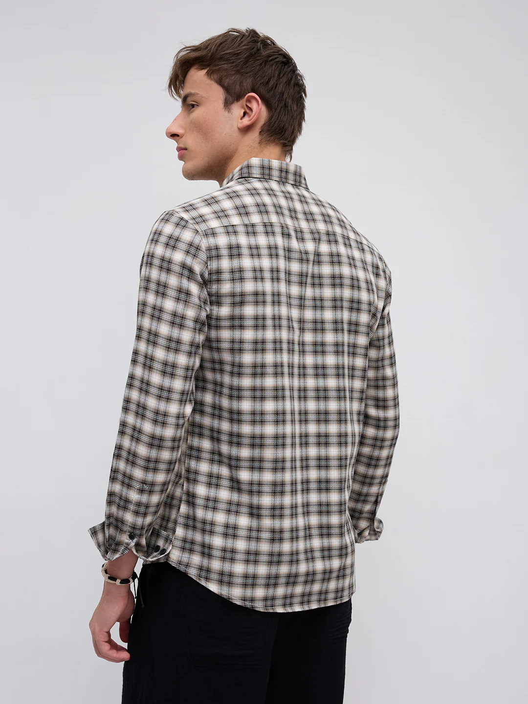 Beige & Black Interlock Plaid Checks Textured Shirt - Image 7