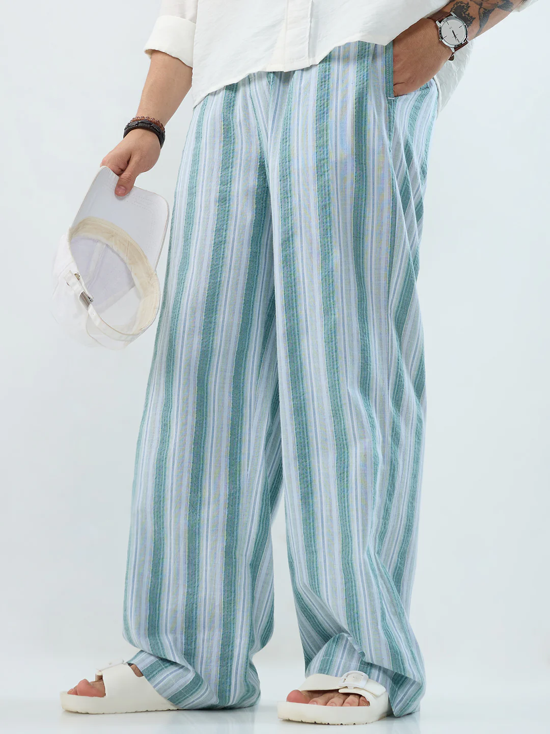 Coastal Teal Multi-Line Seersucker Wide-Leg Trousers - Image 2