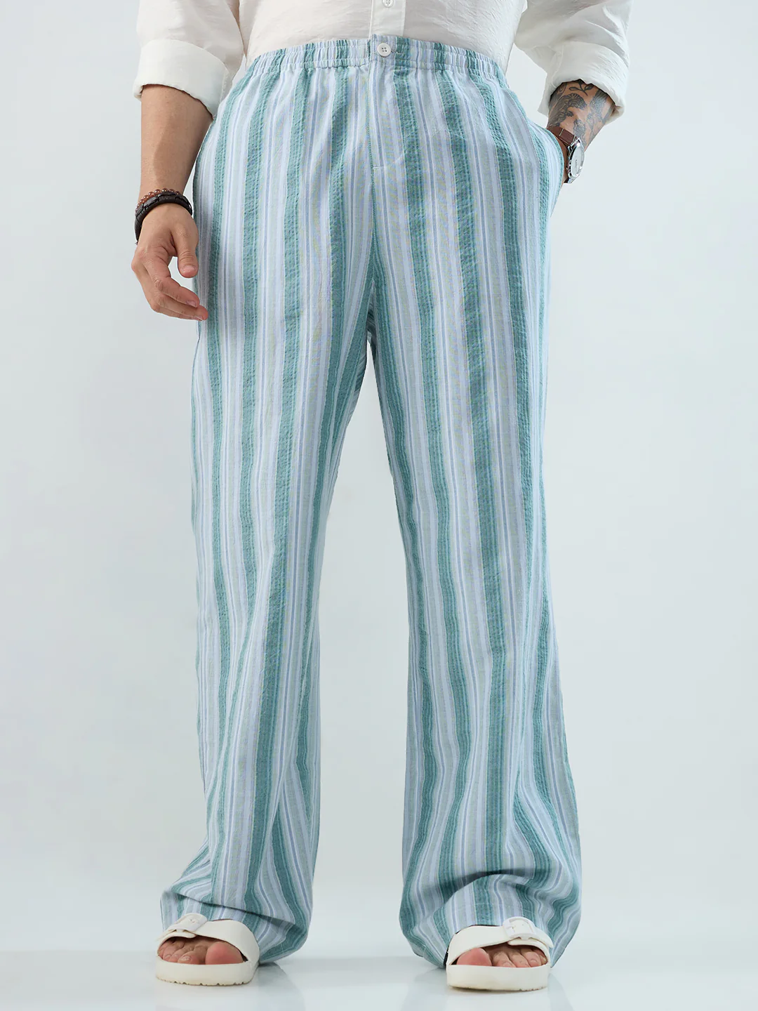 Coastal Teal Multi-Line Seersucker Wide-Leg Trousers - Image 4