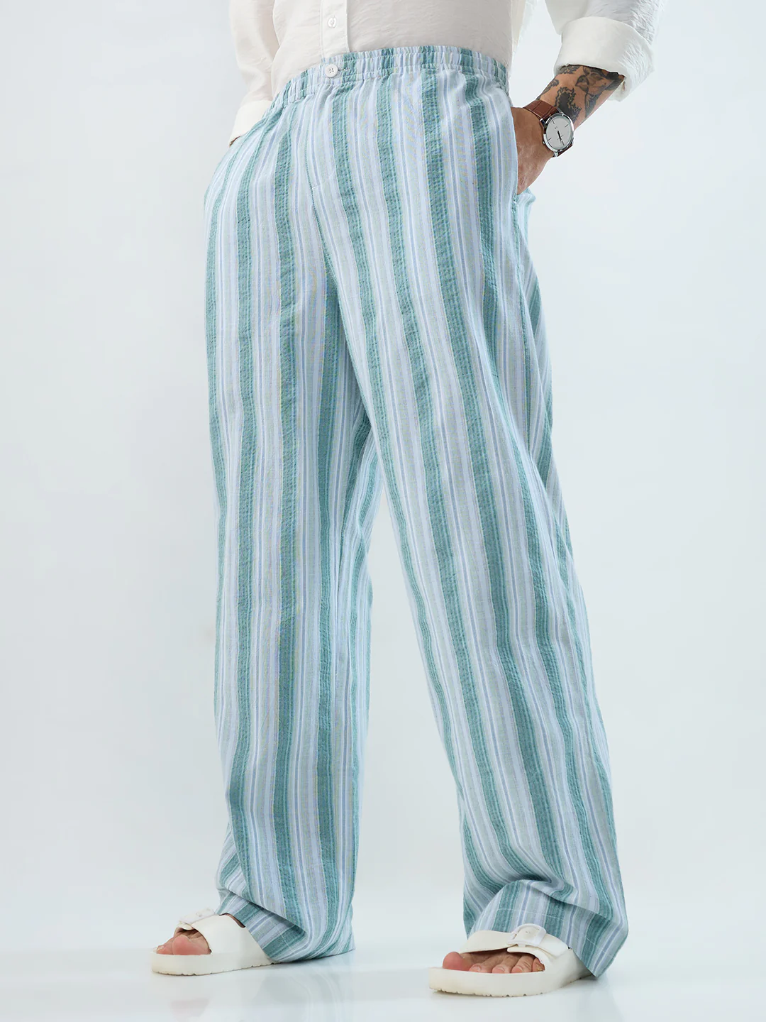 Coastal Teal Multi-Line Seersucker Wide-Leg Trousers - Image 5