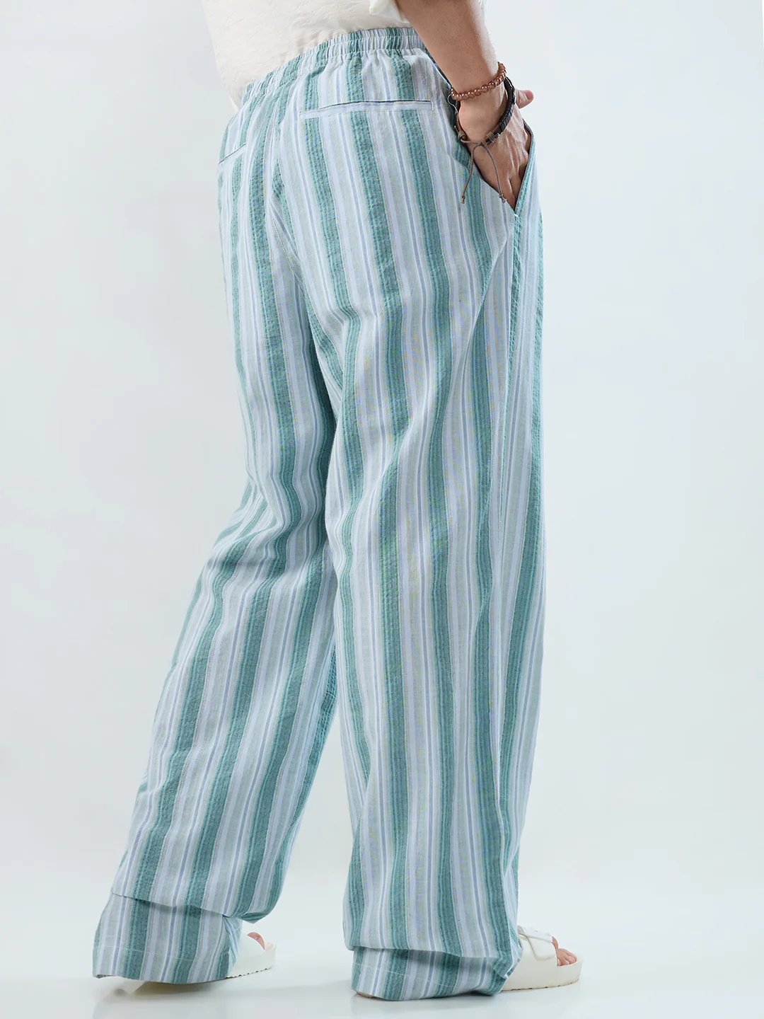 Coastal Teal Multi-Line Seersucker Wide-Leg Trousers - Image 6