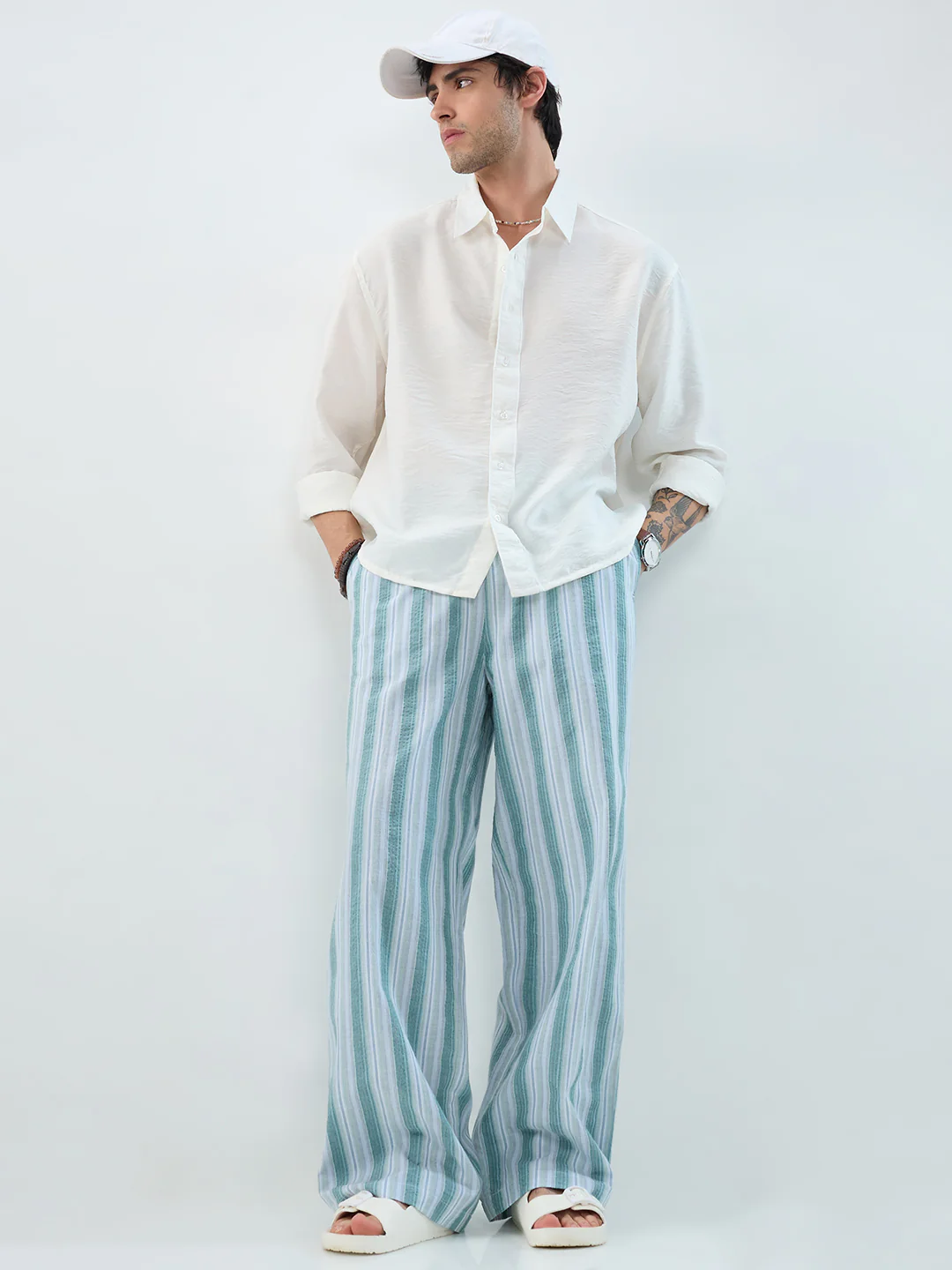 Coastal Teal Multi-Line Seersucker Wide-Leg Trousers - Image 7