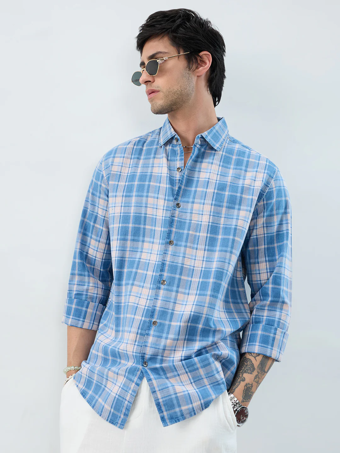 Denim Blue & Peach Plaid Checks Shirt
