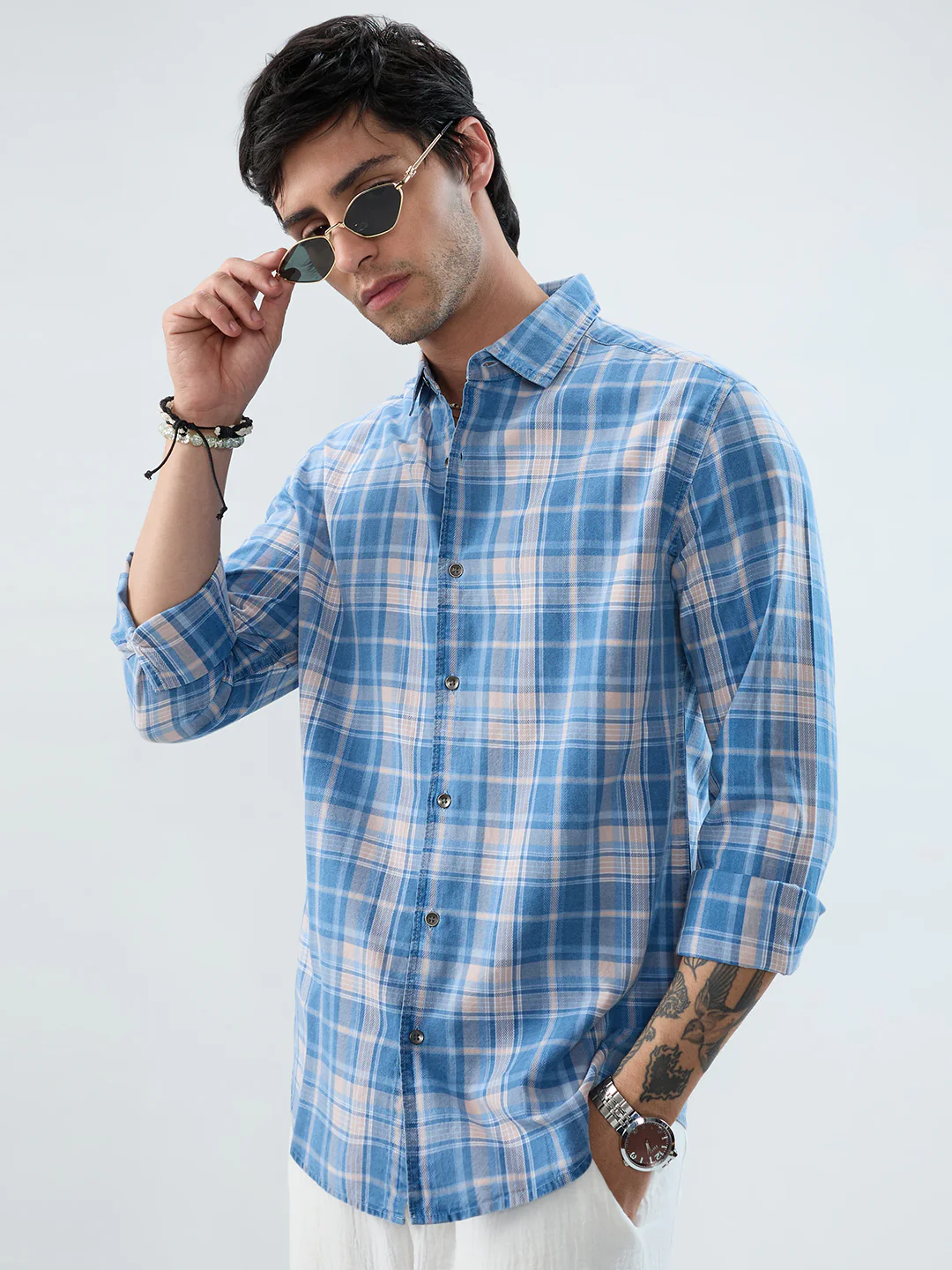 Denim Blue & Peach Plaid Checks Shirt - Image 2