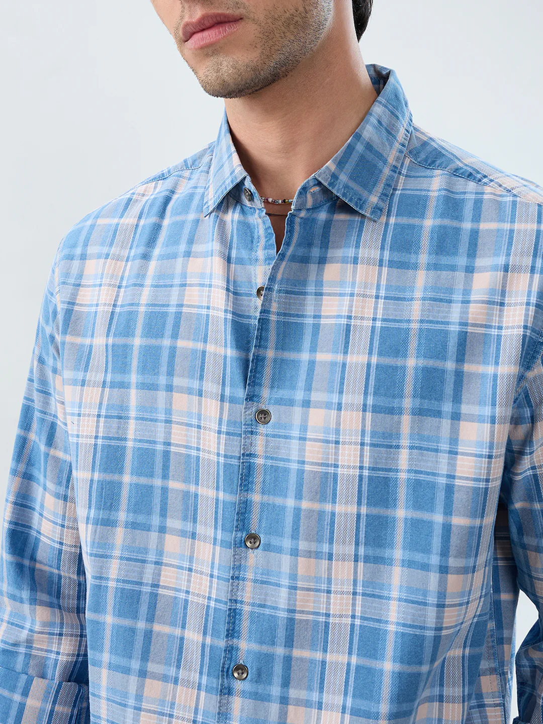 Denim Blue & Peach Plaid Checks Shirt - Image 3