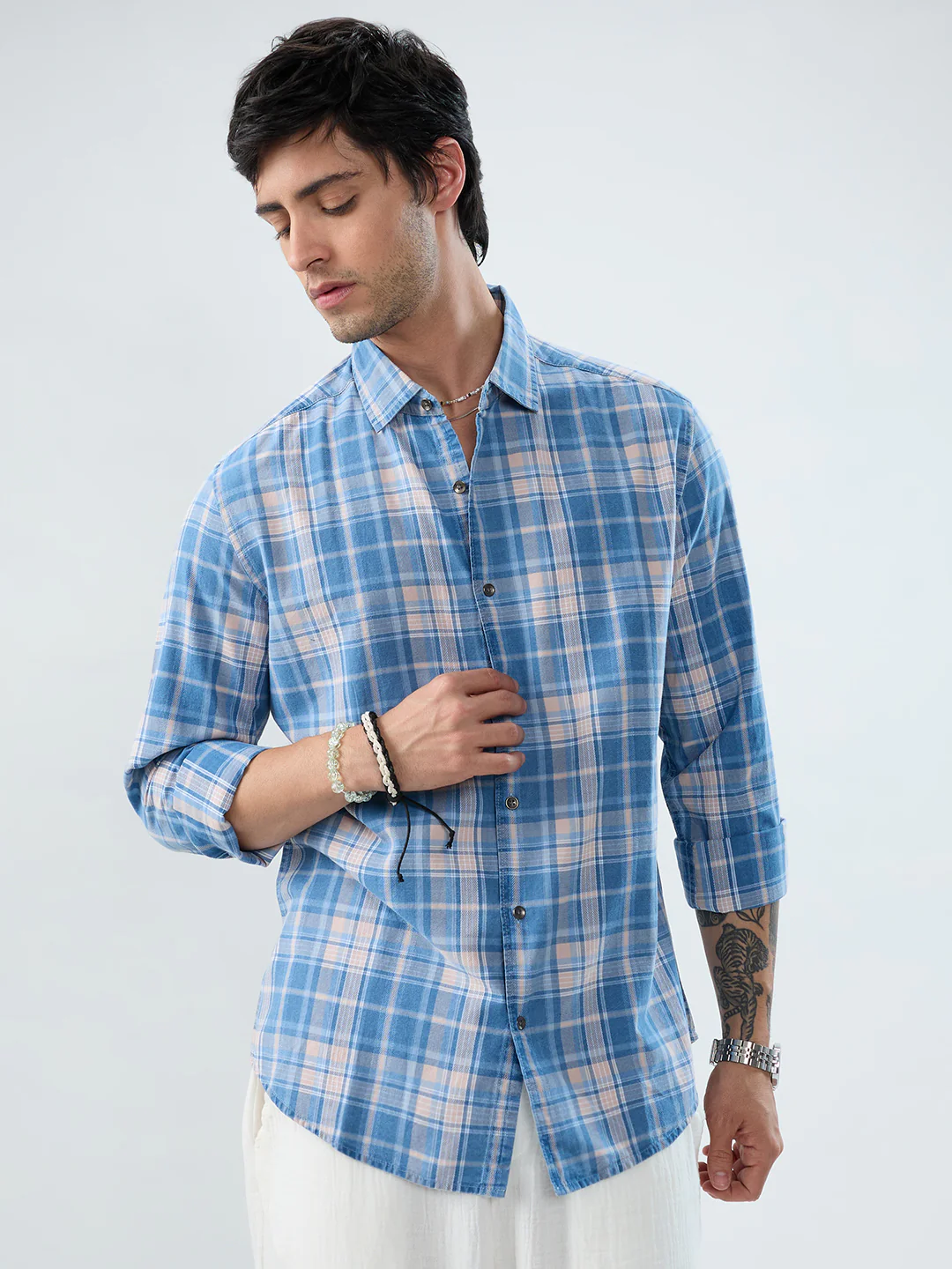Denim Blue & Peach Plaid Checks Shirt - Image 4