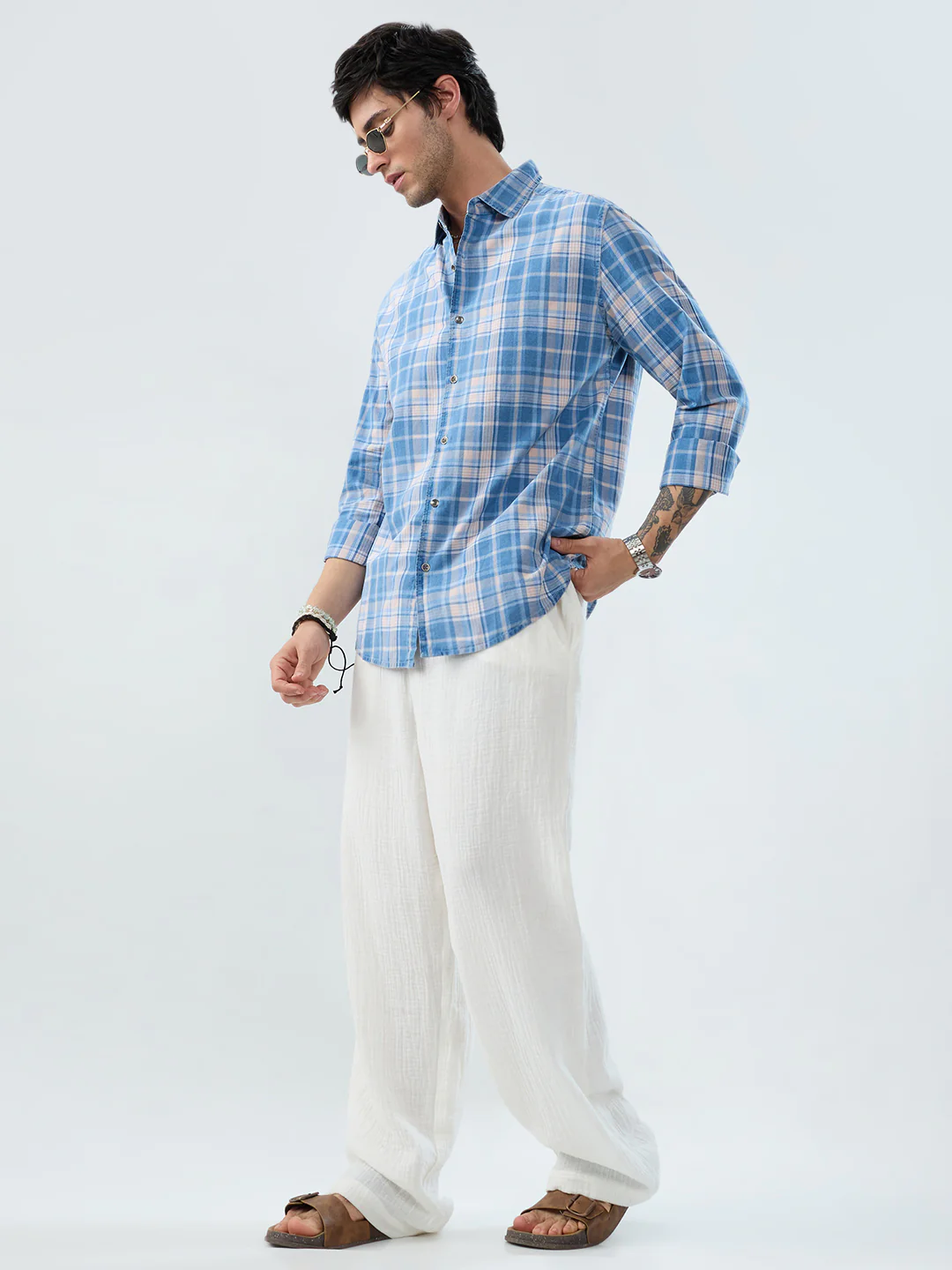 Denim Blue & Peach Plaid Checks Shirt - Image 7