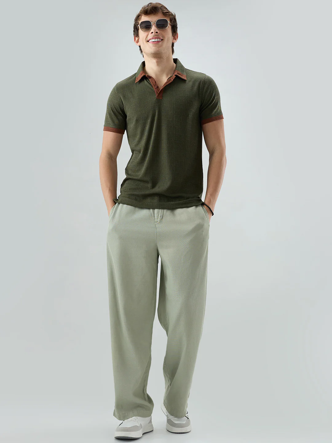 Green Contrast Polo Neck Knit T-shirt - Image 8