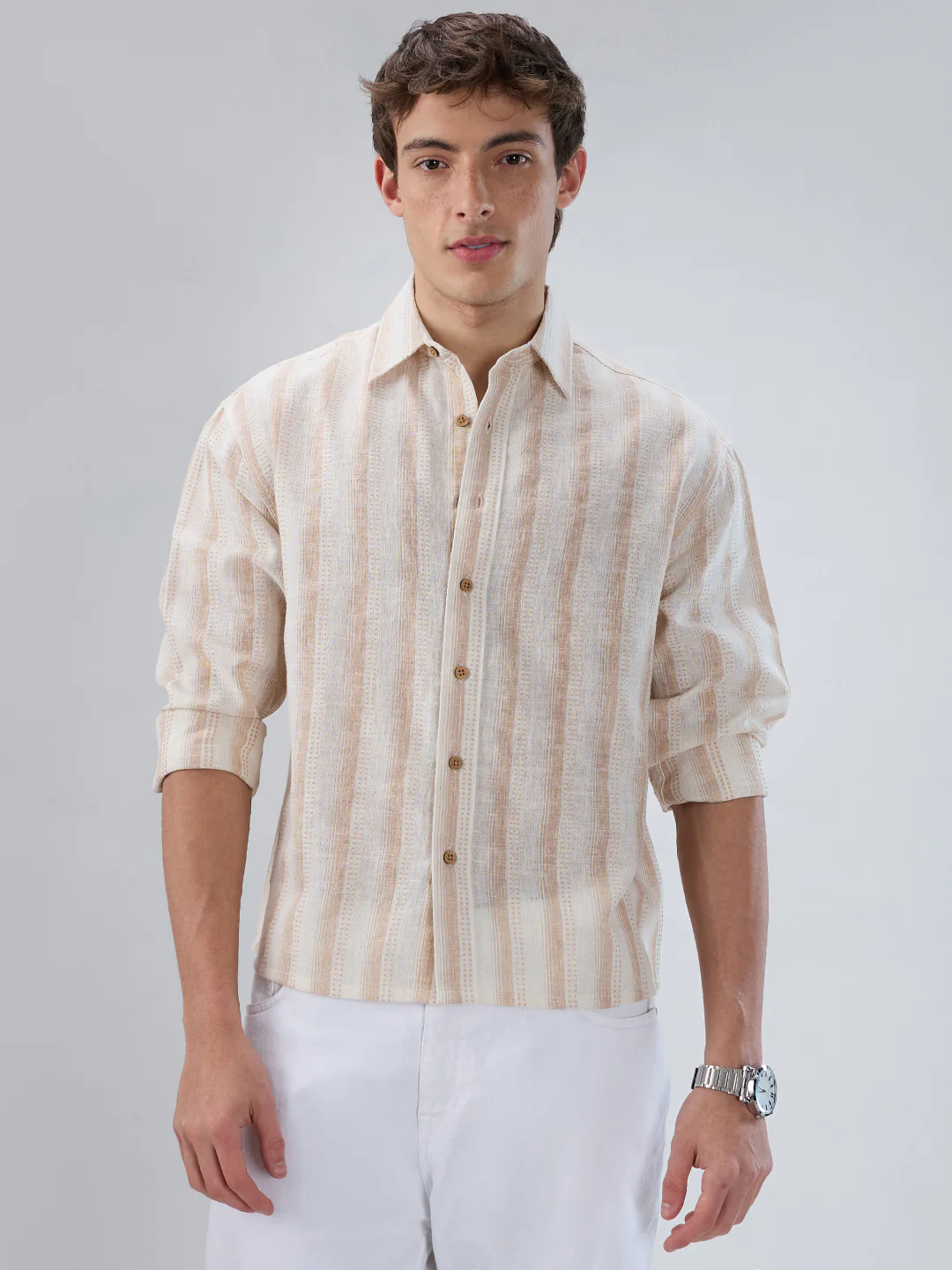 Ivory & Beige Burlap Striped Shirt - Image 5