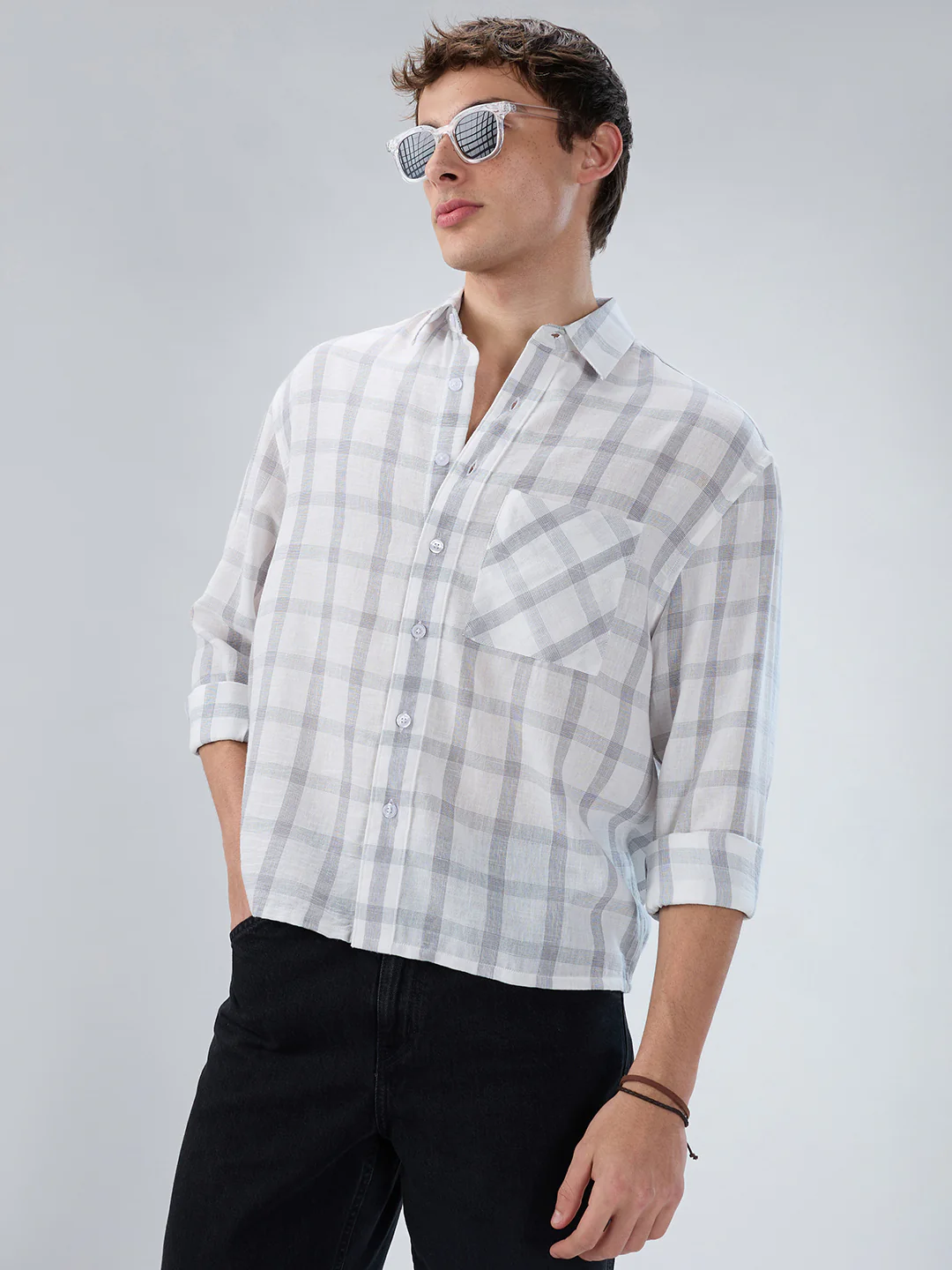 Stone Grey Checks  Fine-Weave Boxy Fit Crop Shirt - Image 4