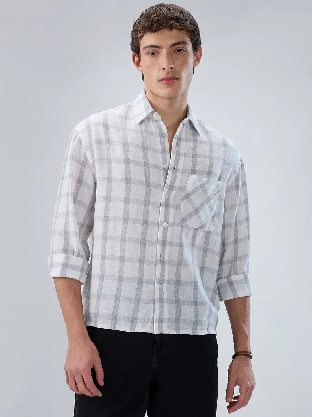 Stone Grey Checks  Fine-Weave Boxy Fit Crop Shirt - Image 5