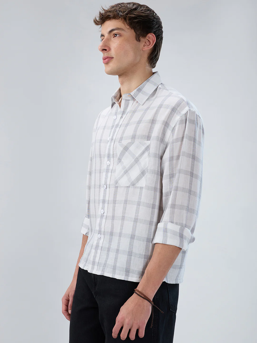 Stone Grey Checks  Fine-Weave Boxy Fit Crop Shirt - Image 6