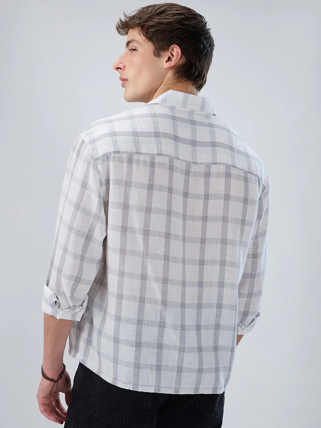 Stone Grey Checks  Fine-Weave Boxy Fit Crop Shirt - Image 7