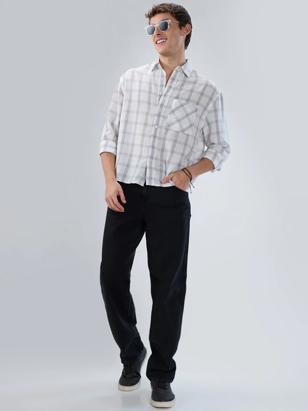 Stone Grey Checks  Fine-Weave Boxy Fit Crop Shirt - Image 8