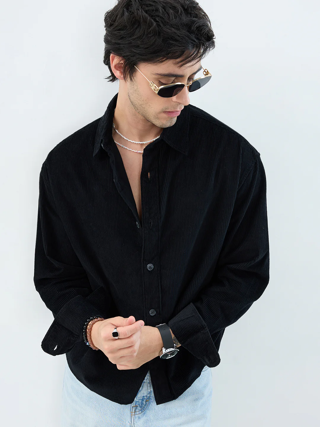 Timeless Black Corduroy Boxy Fit Crop Shirt - Image 2