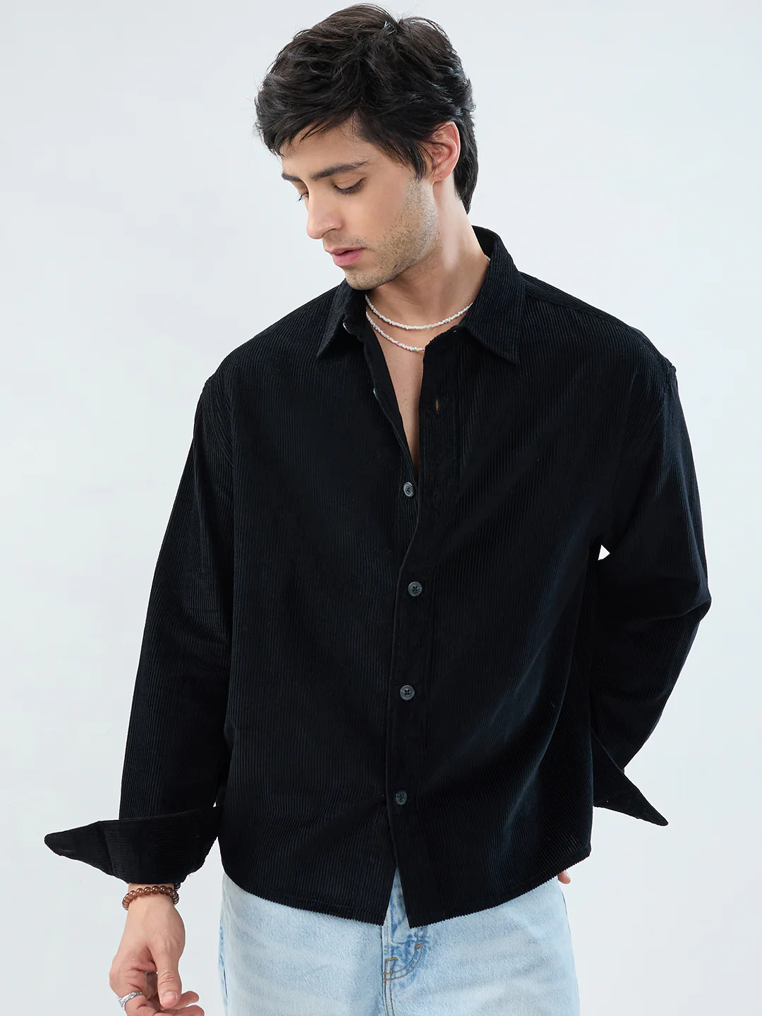 Timeless Black Corduroy Boxy Fit Crop Shirt - Image 3