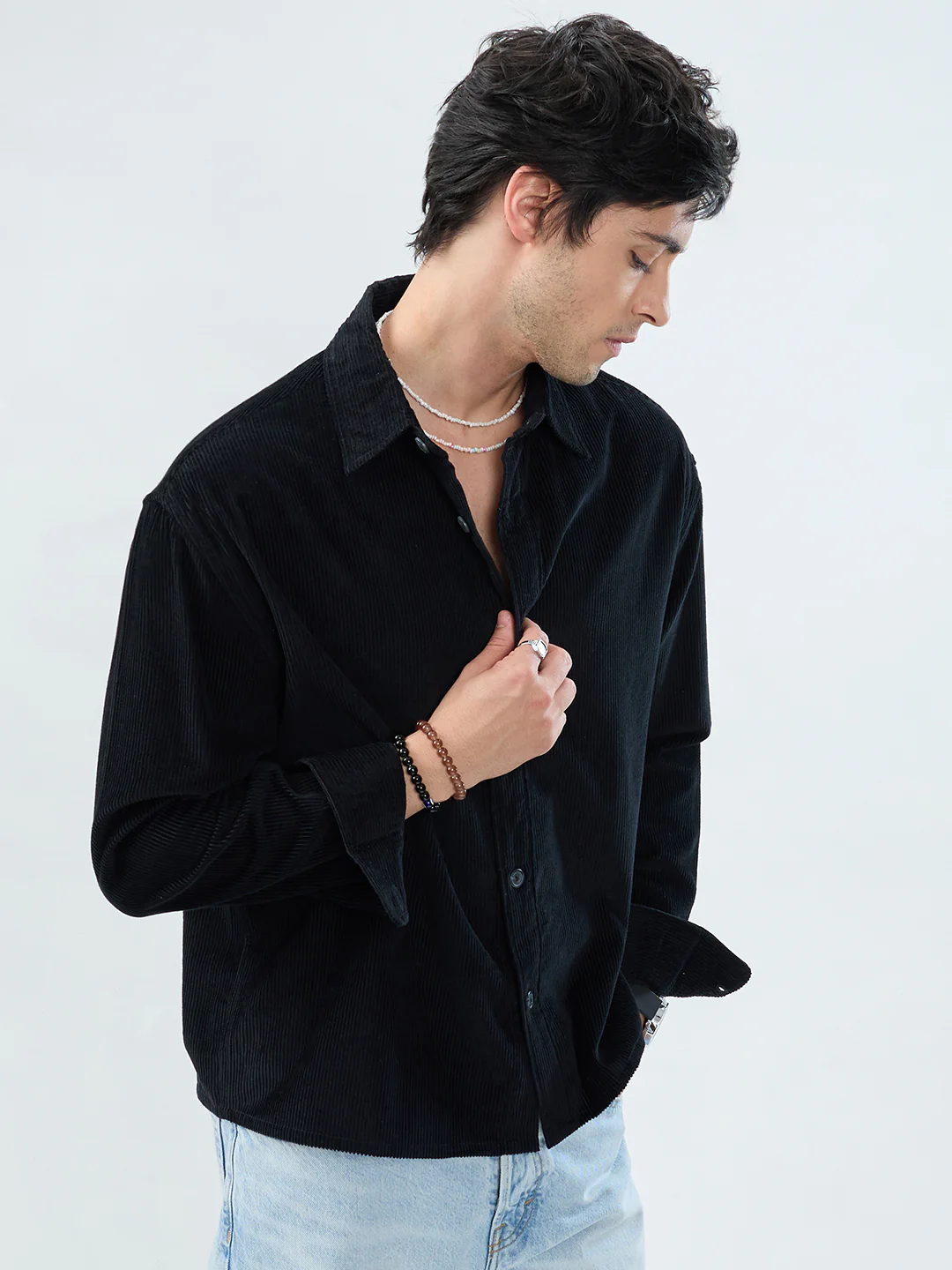 Timeless Black Corduroy Boxy Fit Crop Shirt - Image 4