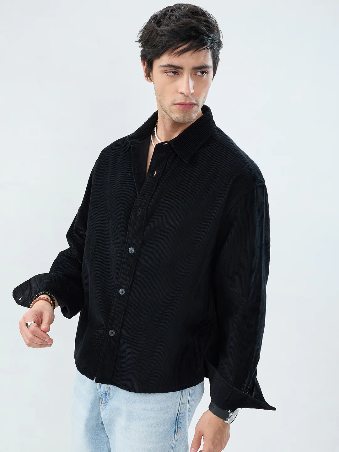 Timeless Black Corduroy Boxy Fit Crop Shirt - Image 5
